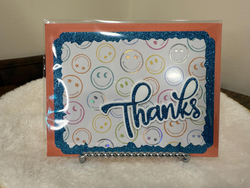Handmade Blue Glitter Thank You Card | Smiley Face Greeting Card