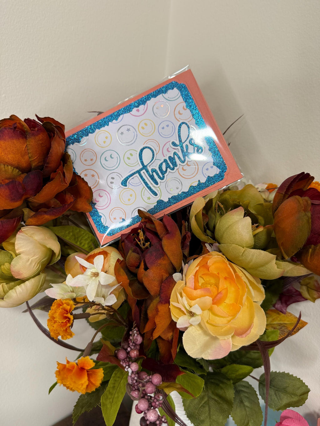 Handmade Blue Glitter Thank You Card | Smiley Face Greeting Card