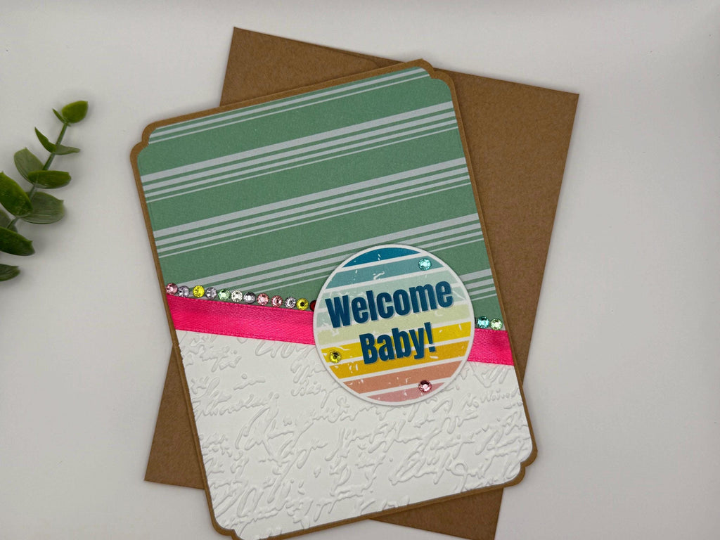 Handmade Welcome Baby Card: Green Stripes, Embossed, Rhinestones