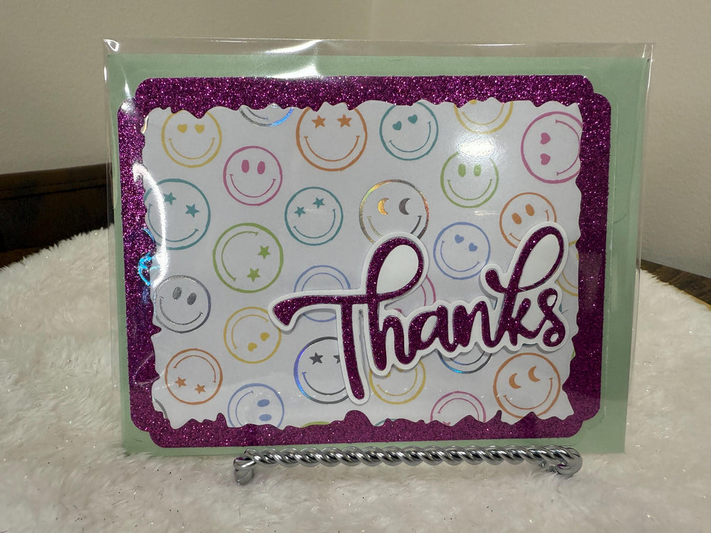 Handmade Purple Glitter Thank You Card | Smiley Face Greeting Card