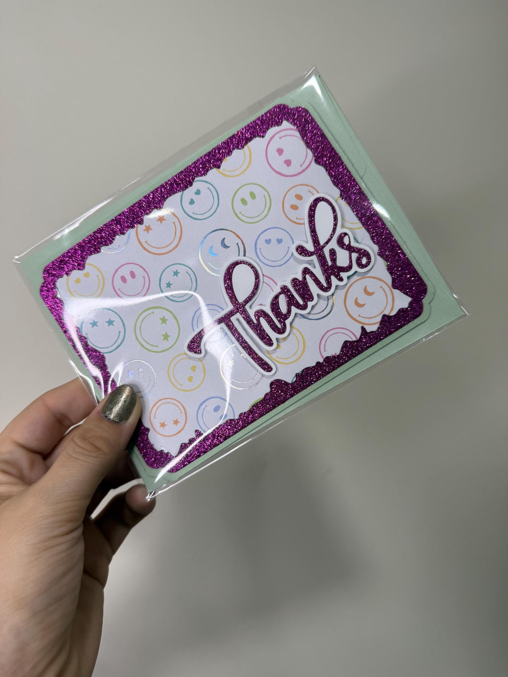 Handmade Purple Glitter Thank You Card | Smiley Face Greeting Card