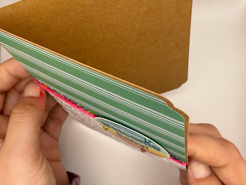 Handmade Welcome Baby Card: Green Stripes, Embossed, Rhinestones