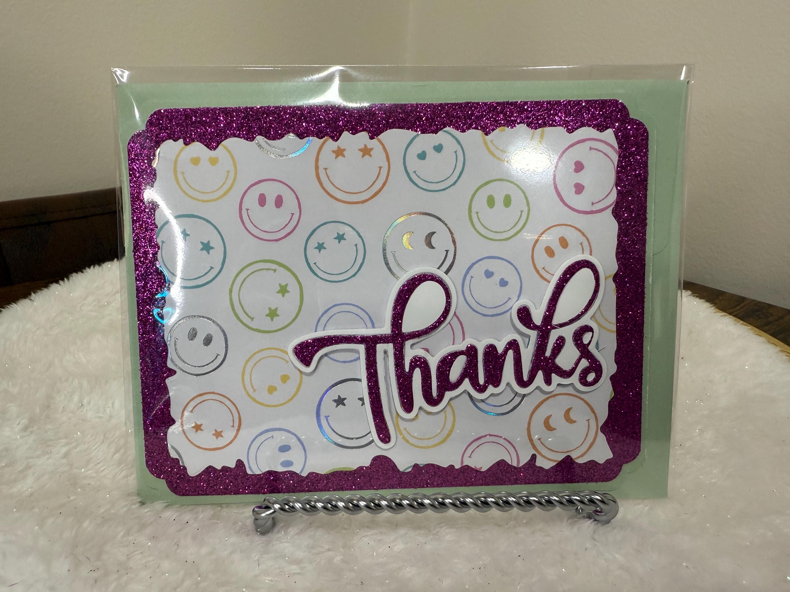 Handmade Purple Glitter Thank You Card | Smiley Face Greeting Card