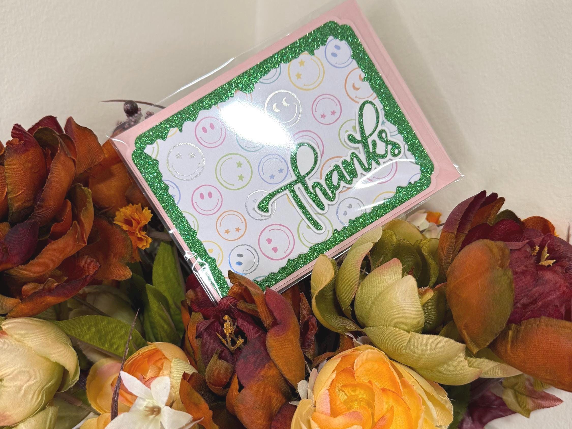 Handmade Green Glitter Thank You Card | Smiley Face Greeting Card