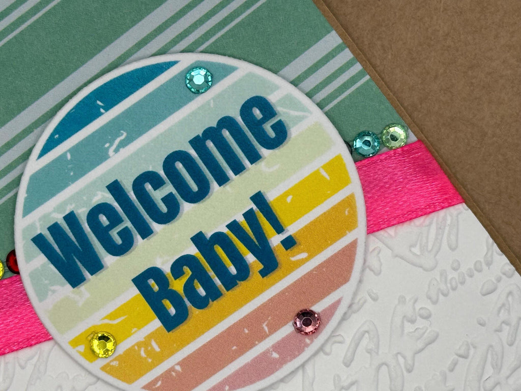 Handmade Welcome Baby Card: Green Stripes, Embossed, Rhinestones