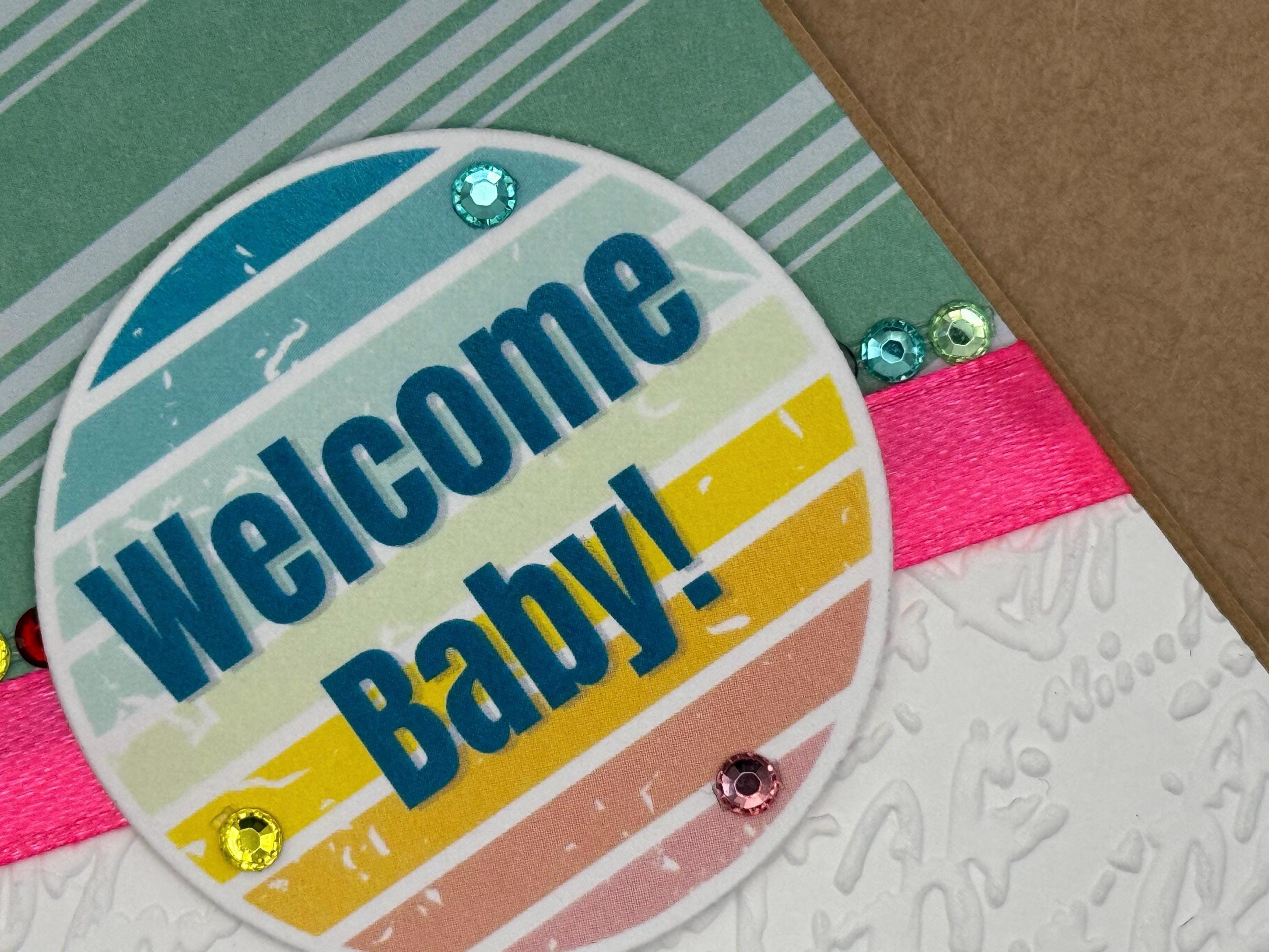 Handmade Welcome Baby Card: Green Stripes, Embossed, Rhinestones