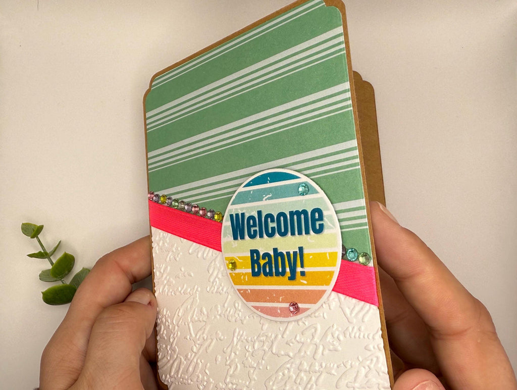 Handmade Welcome Baby Card: Green Stripes, Embossed, Rhinestones