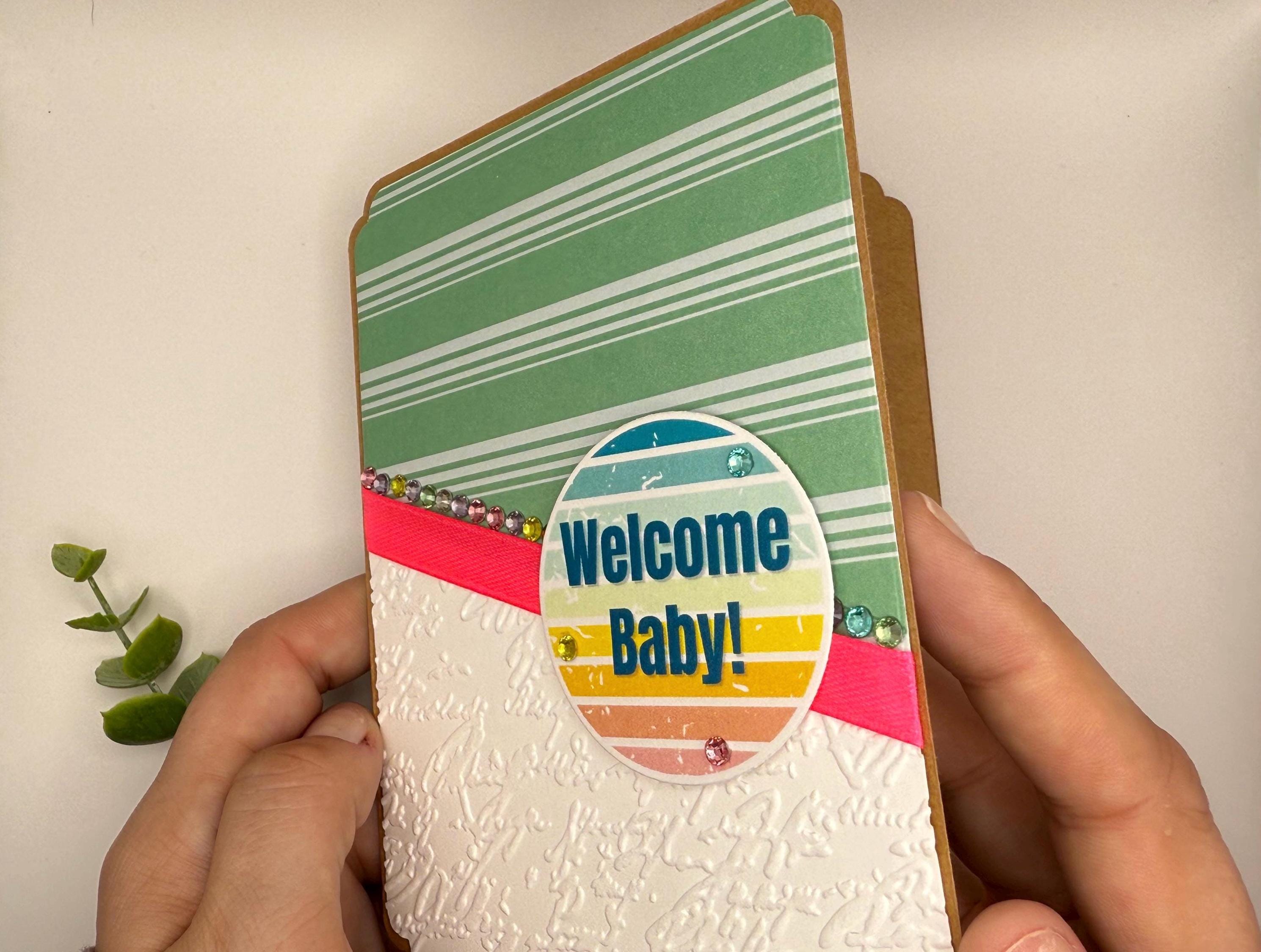 Handmade Welcome Baby Card: Green Stripes, Embossed, Rhinestones