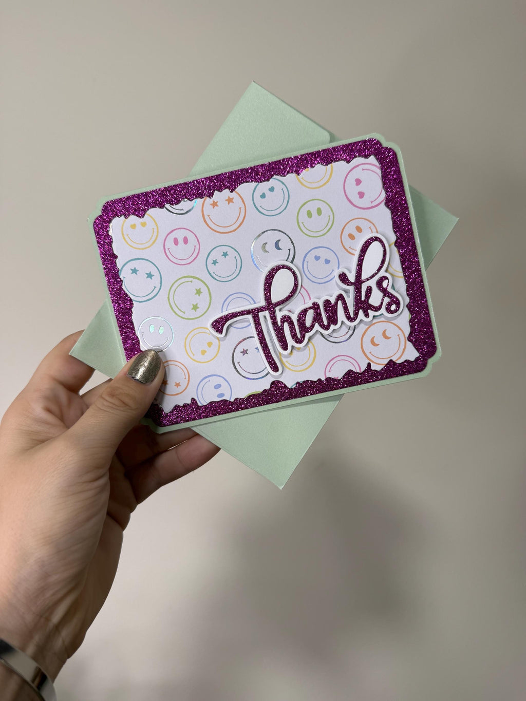 Handmade Purple Glitter Thank You Card | Smiley Face Greeting Card