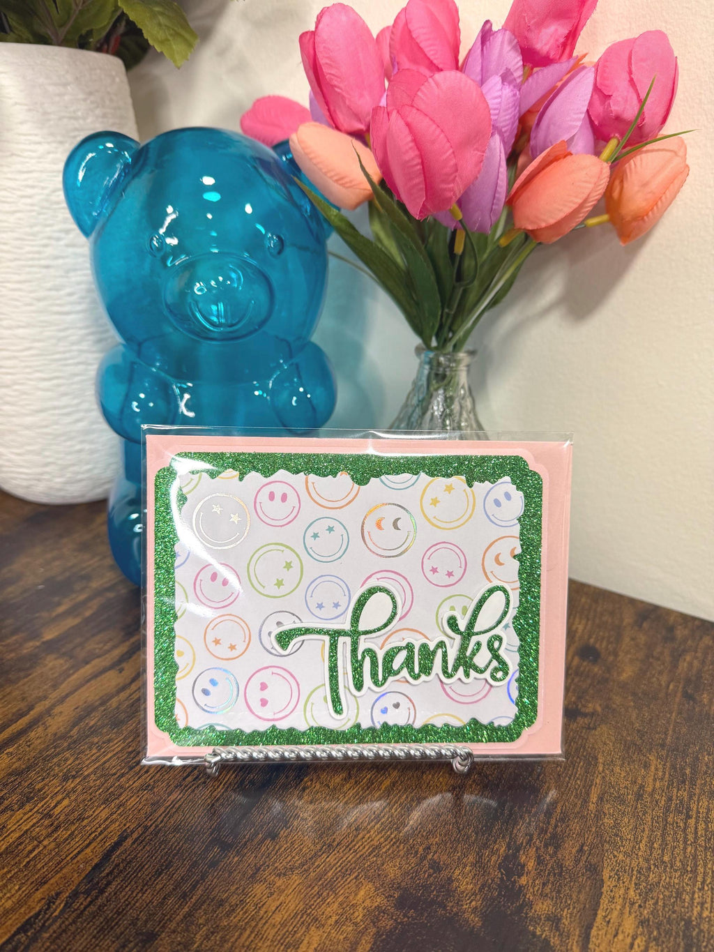 Handmade Green Glitter Thank You Card | Smiley Face Greeting Card