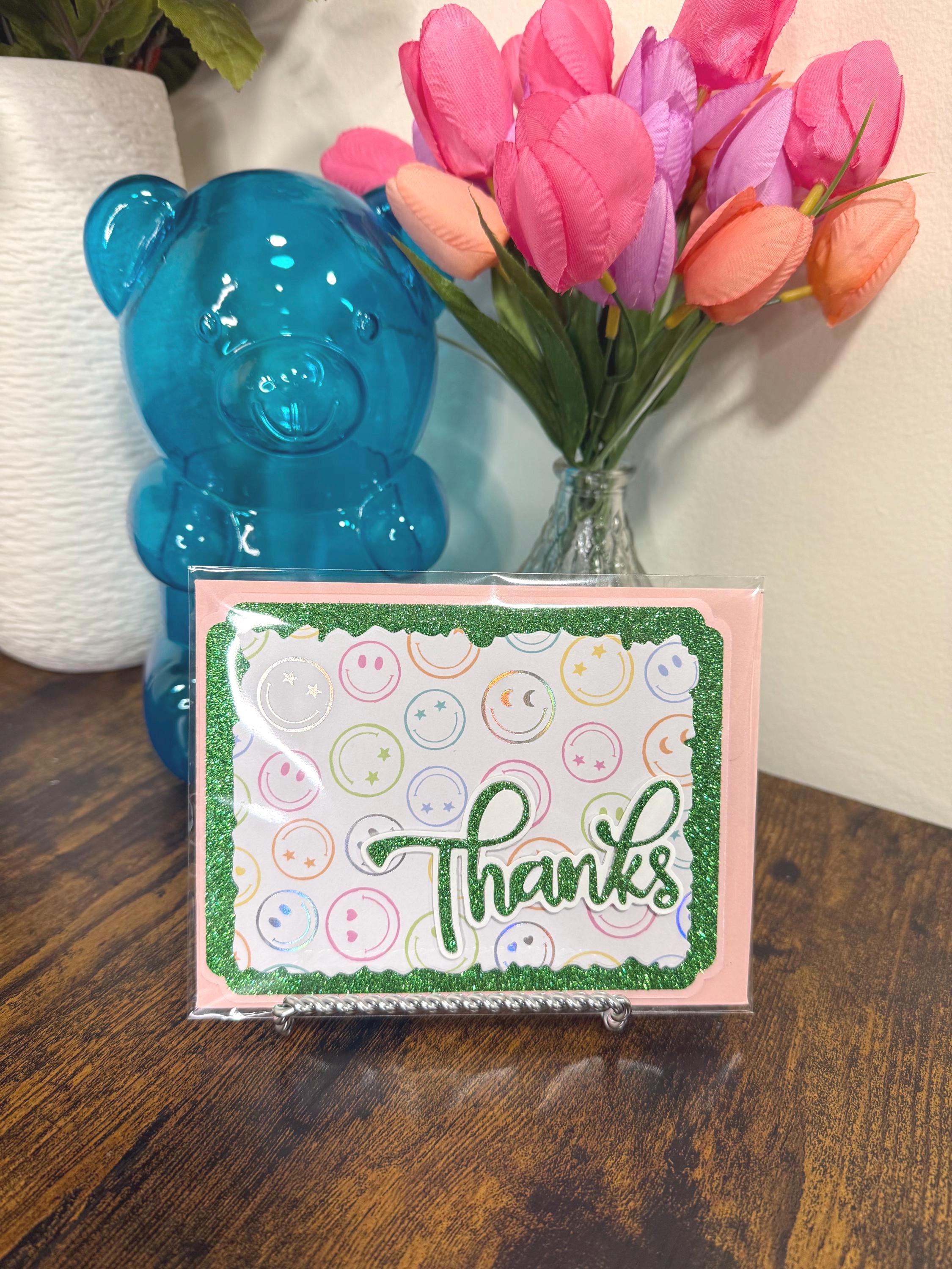 Handmade Green Glitter Thank You Card | Smiley Face Greeting Card