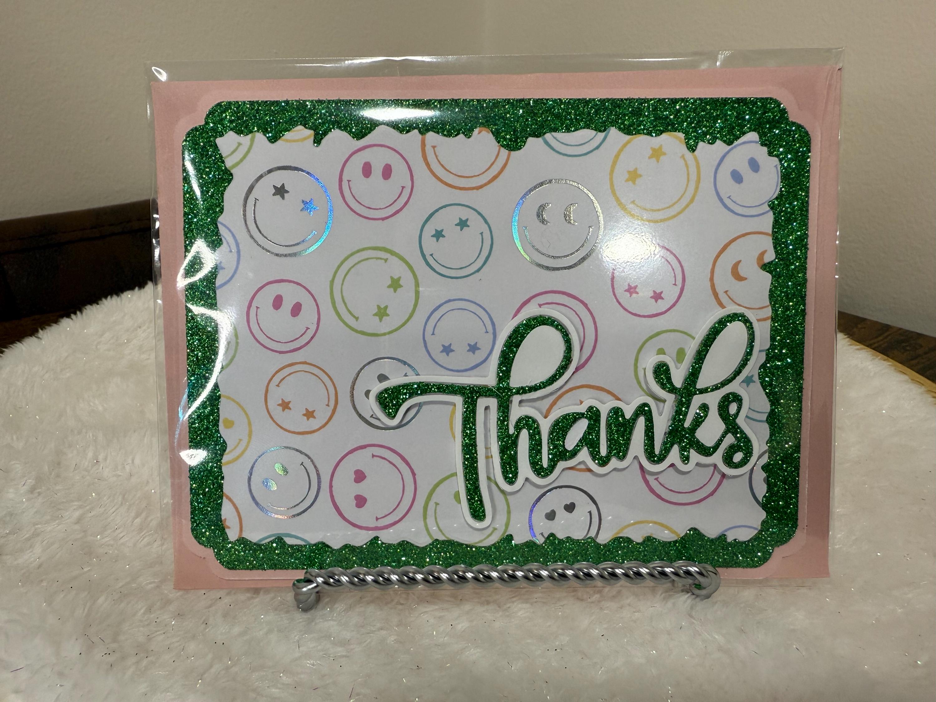 Handmade Green Glitter Thank You Card | Smiley Face Greeting Card