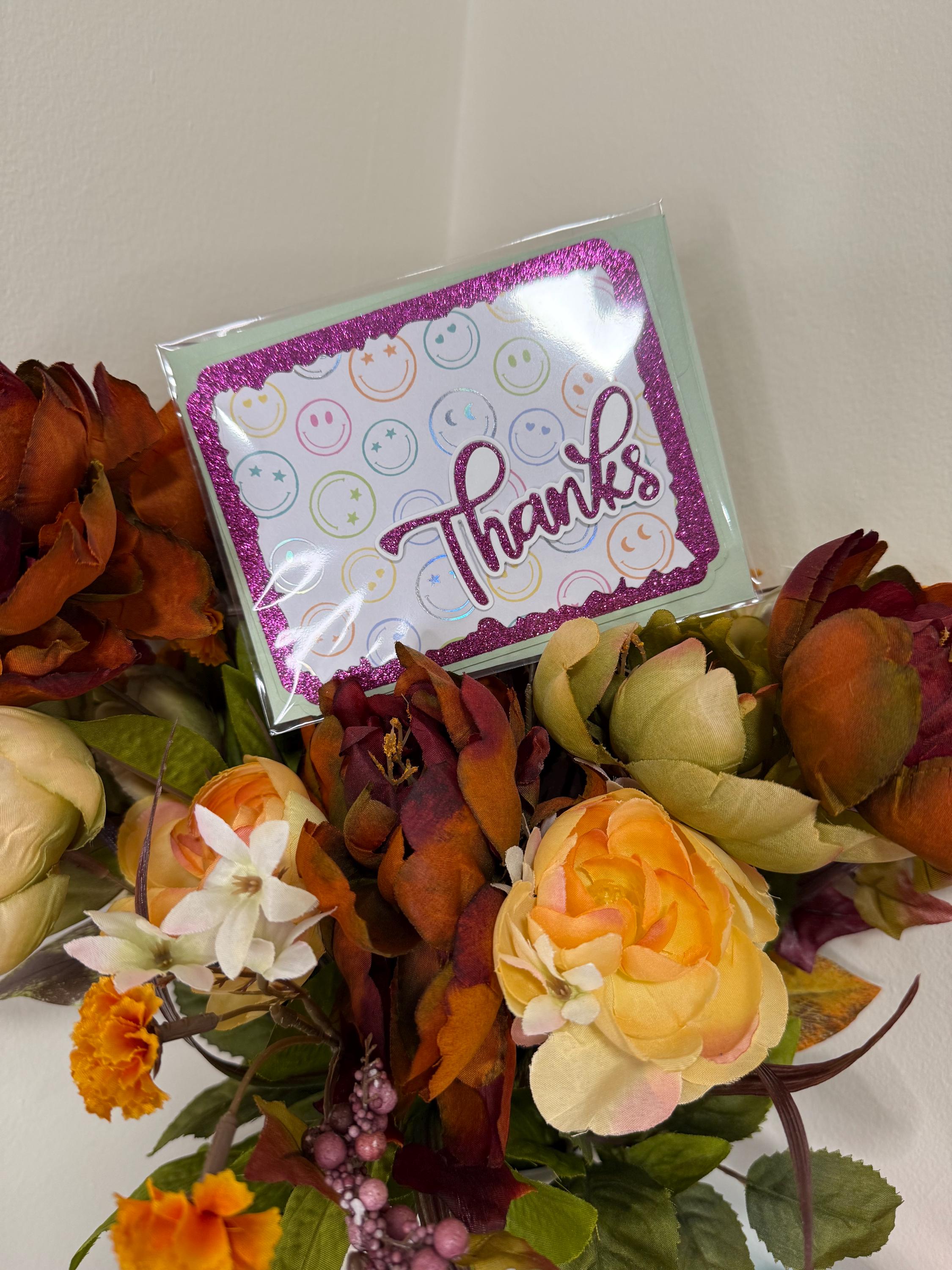 Handmade Purple Glitter Thank You Card | Smiley Face Greeting Card