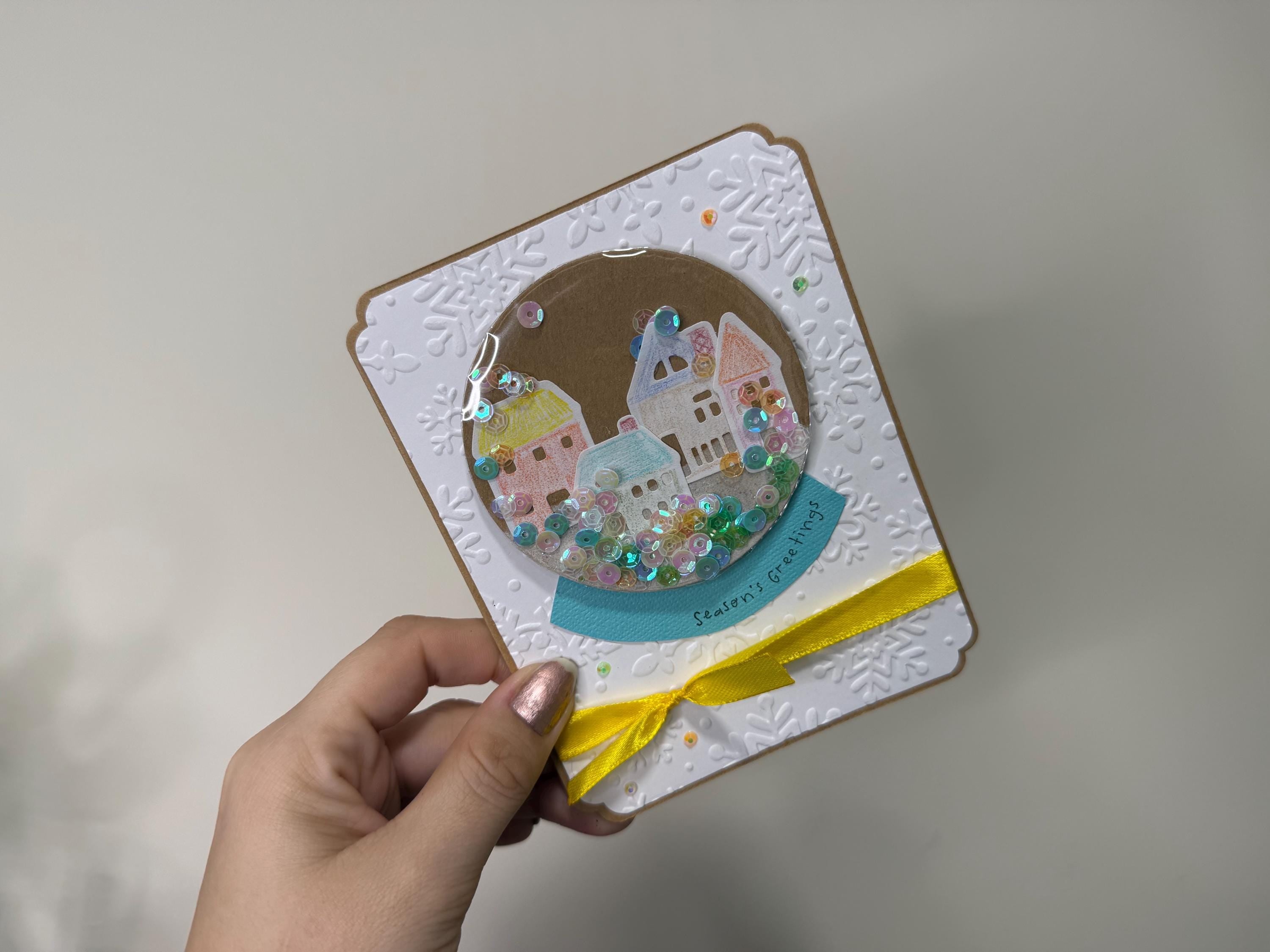 Seasons Greetings Snow Globe Card | Handmade Shaker Greeting Card