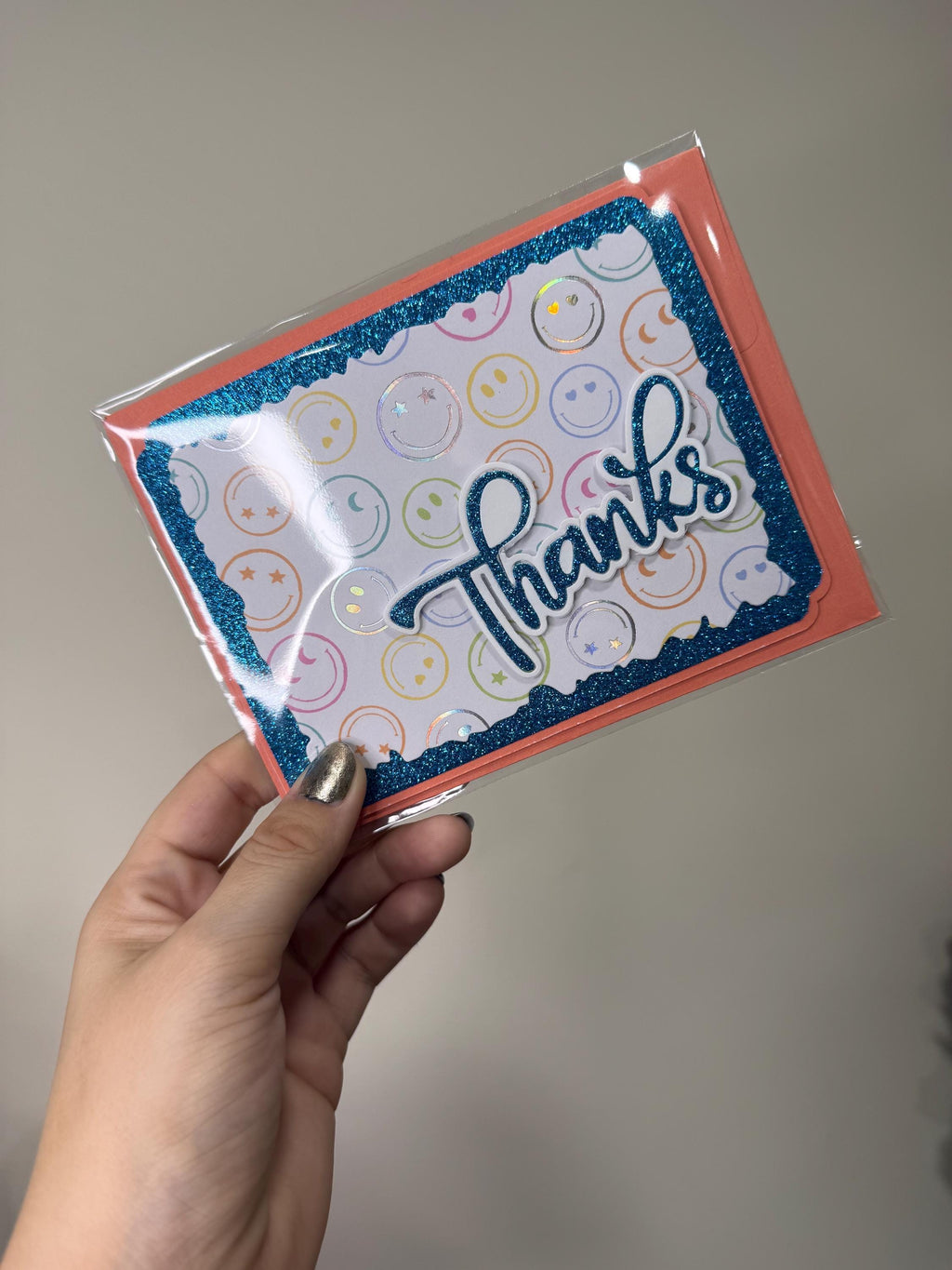 Handmade Blue Glitter Thank You Card | Smiley Face Greeting Card