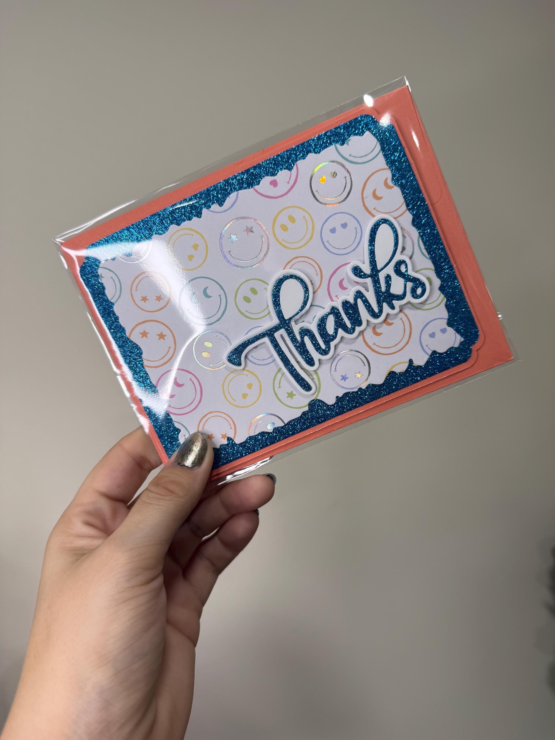 Handmade Blue Glitter Thank You Card | Smiley Face Greeting Card
