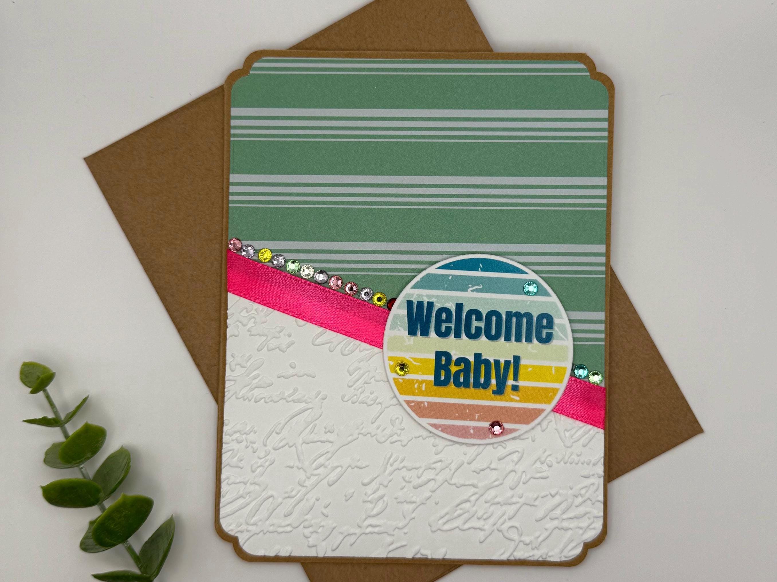 Handmade Welcome Baby Card: Green Stripes, Embossed, Rhinestones