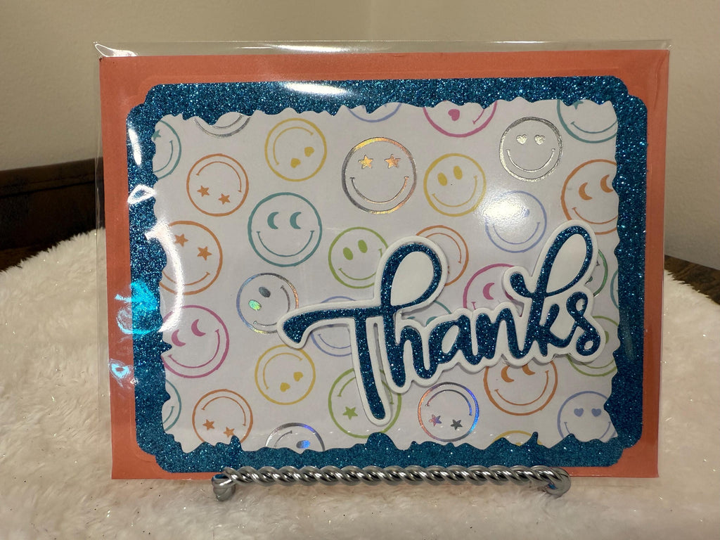 Handmade Blue Glitter Thank You Card | Smiley Face Greeting Card