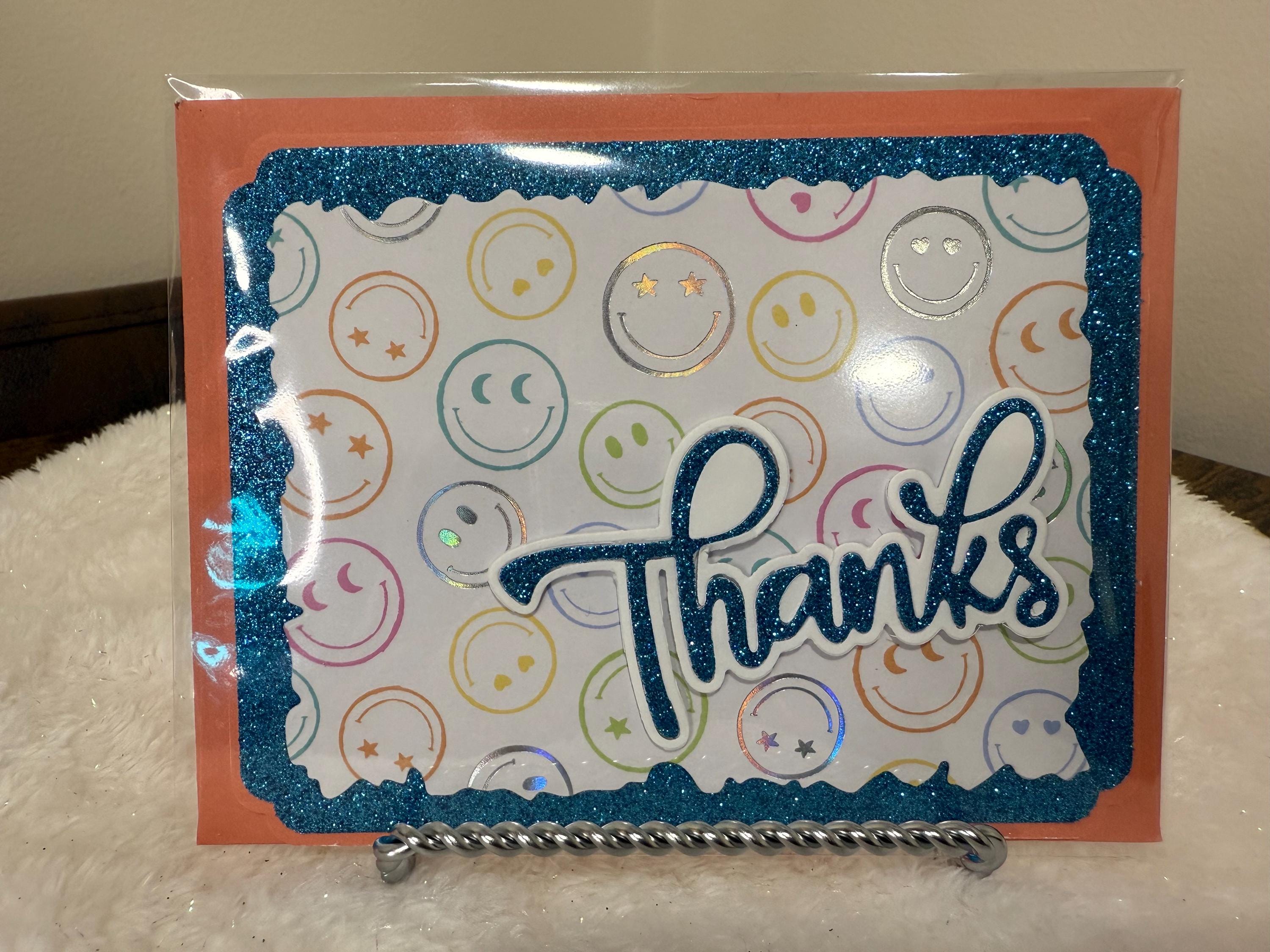 Handmade Blue Glitter Thank You Card | Smiley Face Greeting Card