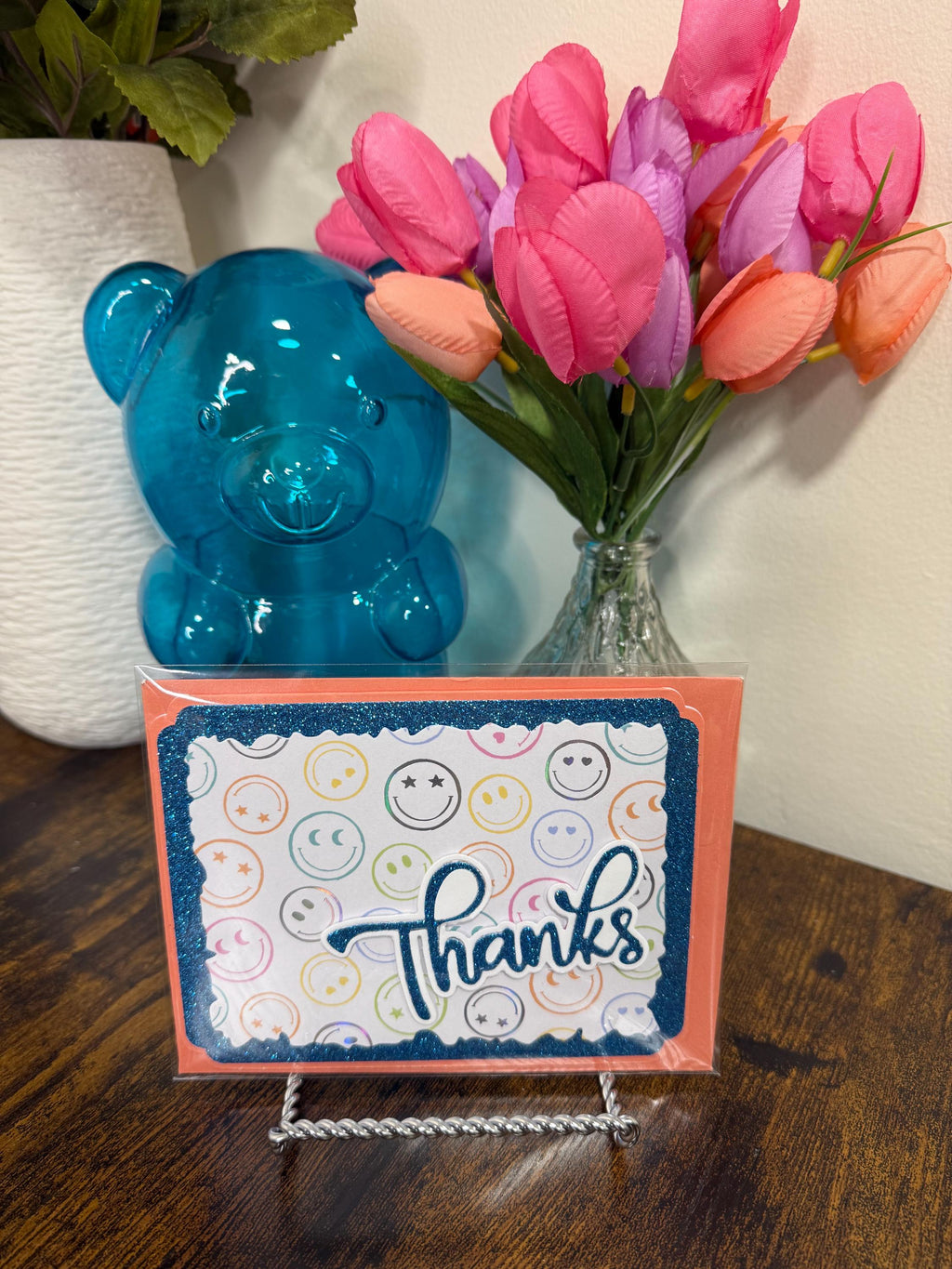 Handmade Blue Glitter Thank You Card | Smiley Face Greeting Card