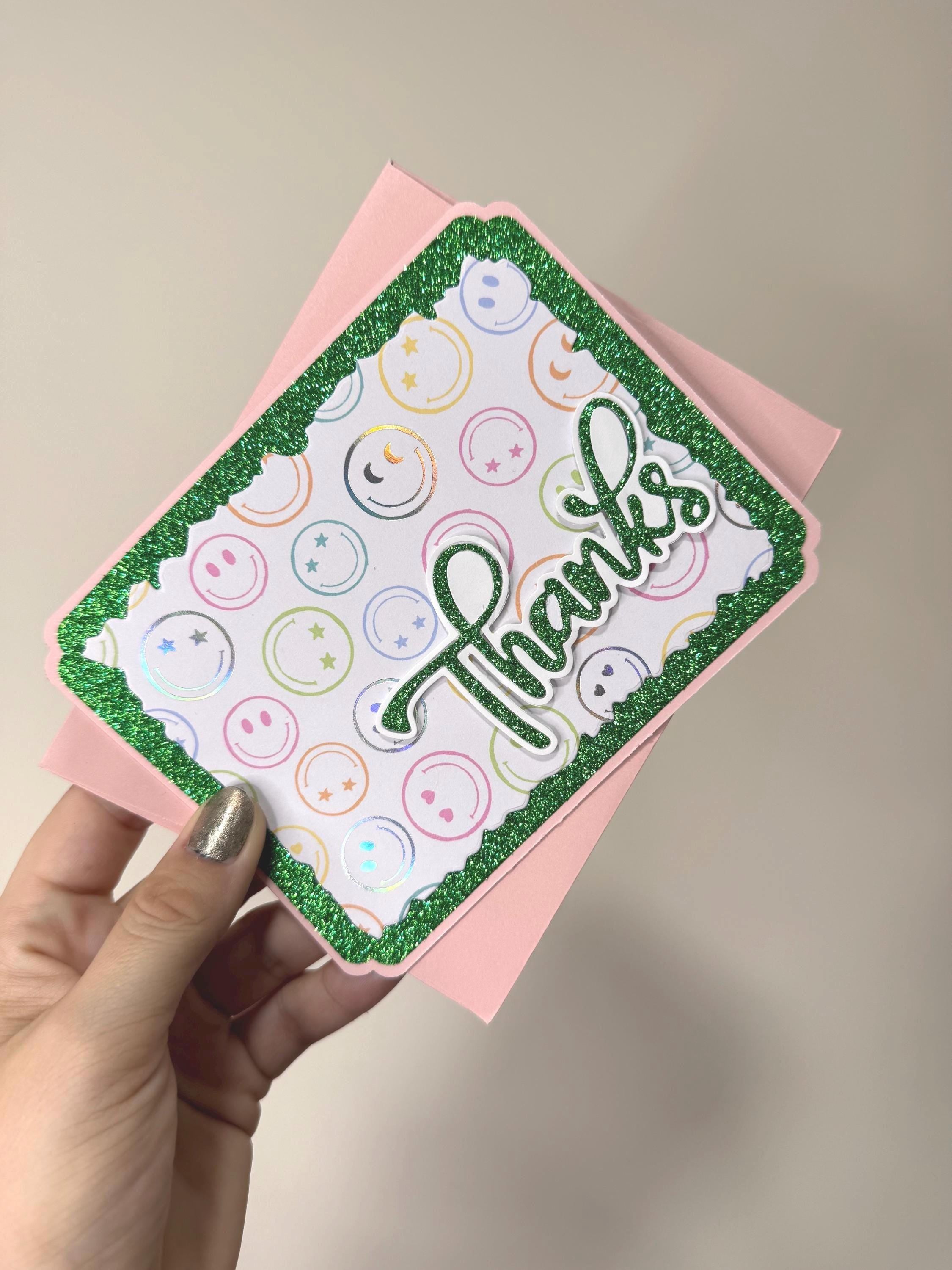 Handmade Green Glitter Thank You Card | Smiley Face Greeting Card