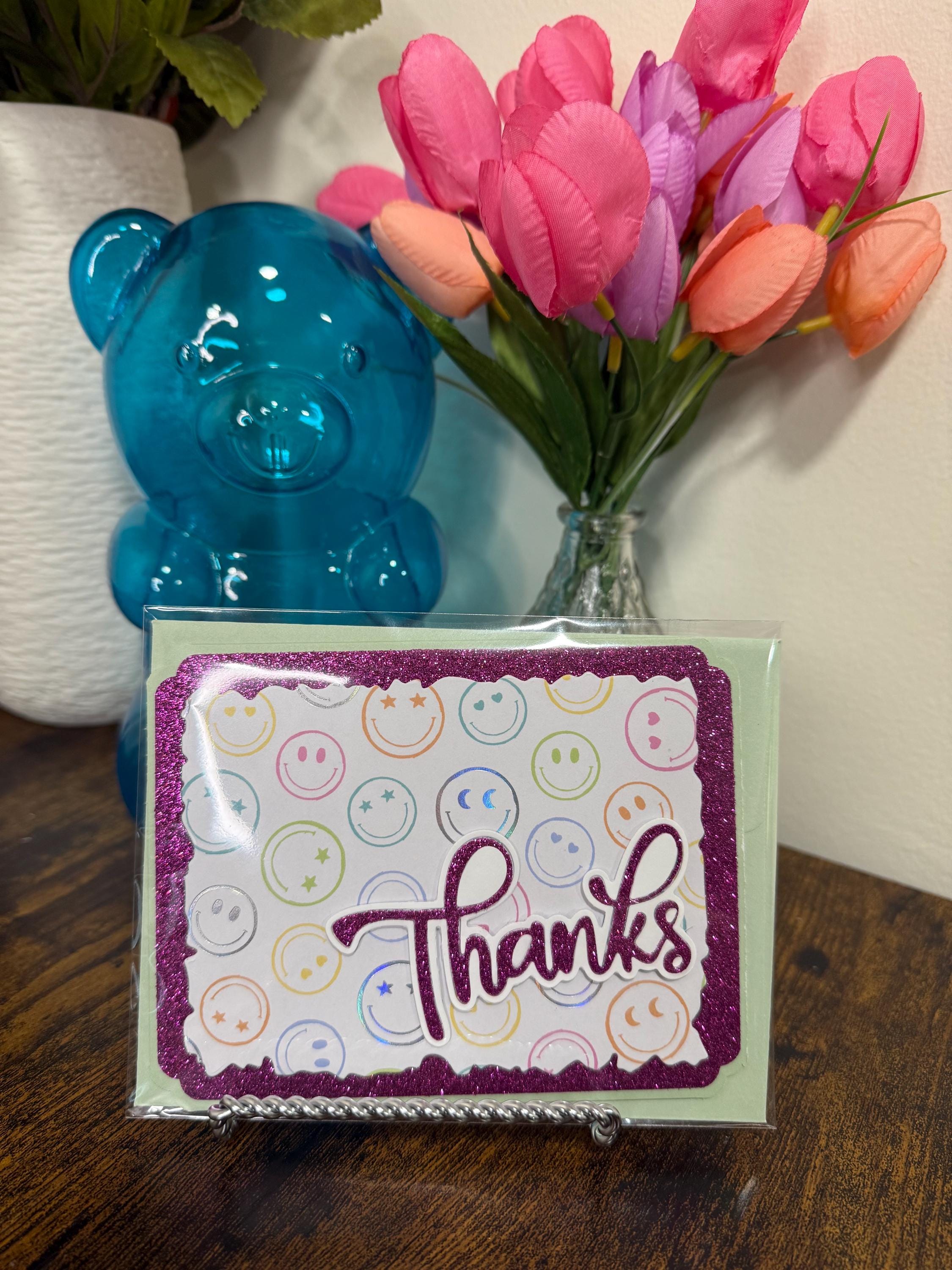 Handmade Purple Glitter Thank You Card | Smiley Face Greeting Card