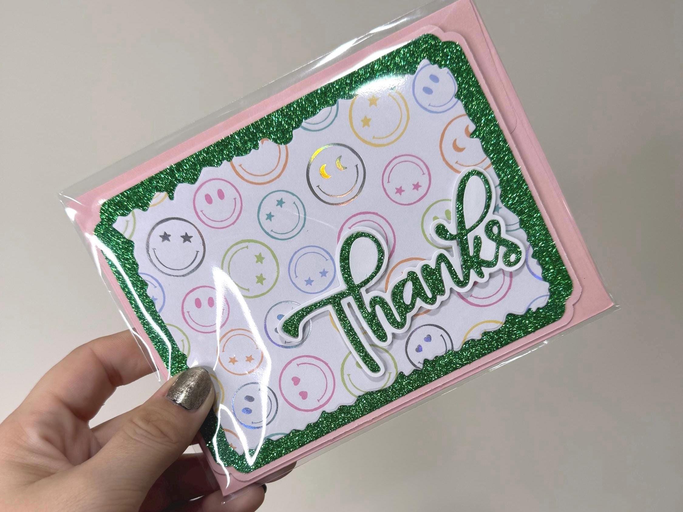 Handmade Green Glitter Thank You Card | Smiley Face Greeting Card