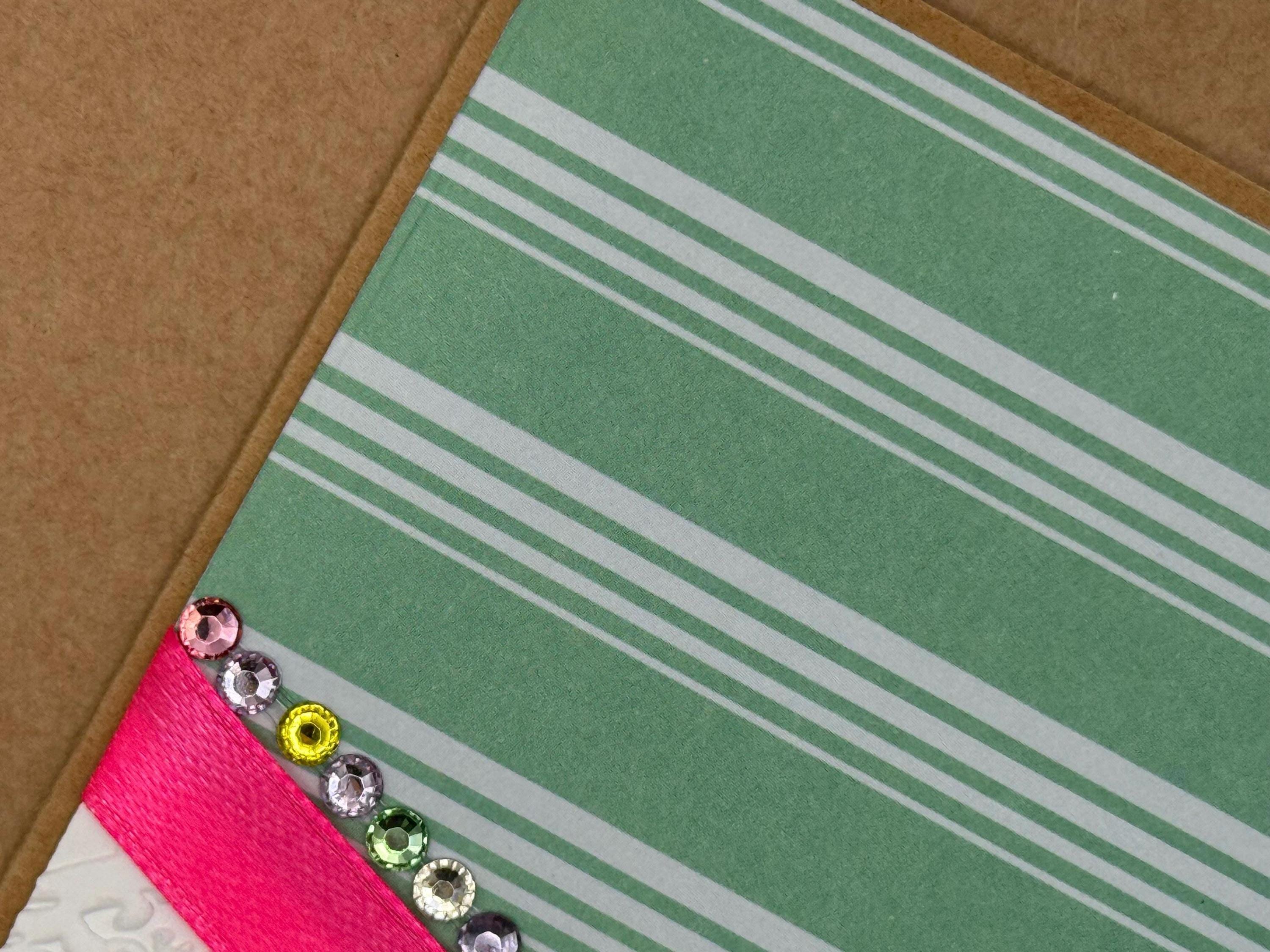 Handmade Welcome Baby Card: Green Stripes, Embossed, Rhinestones