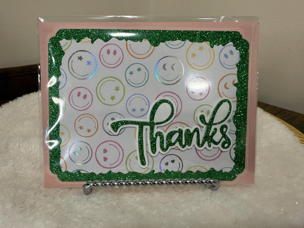 Handmade Green Glitter Thank You Card | Smiley Face Greeting Card