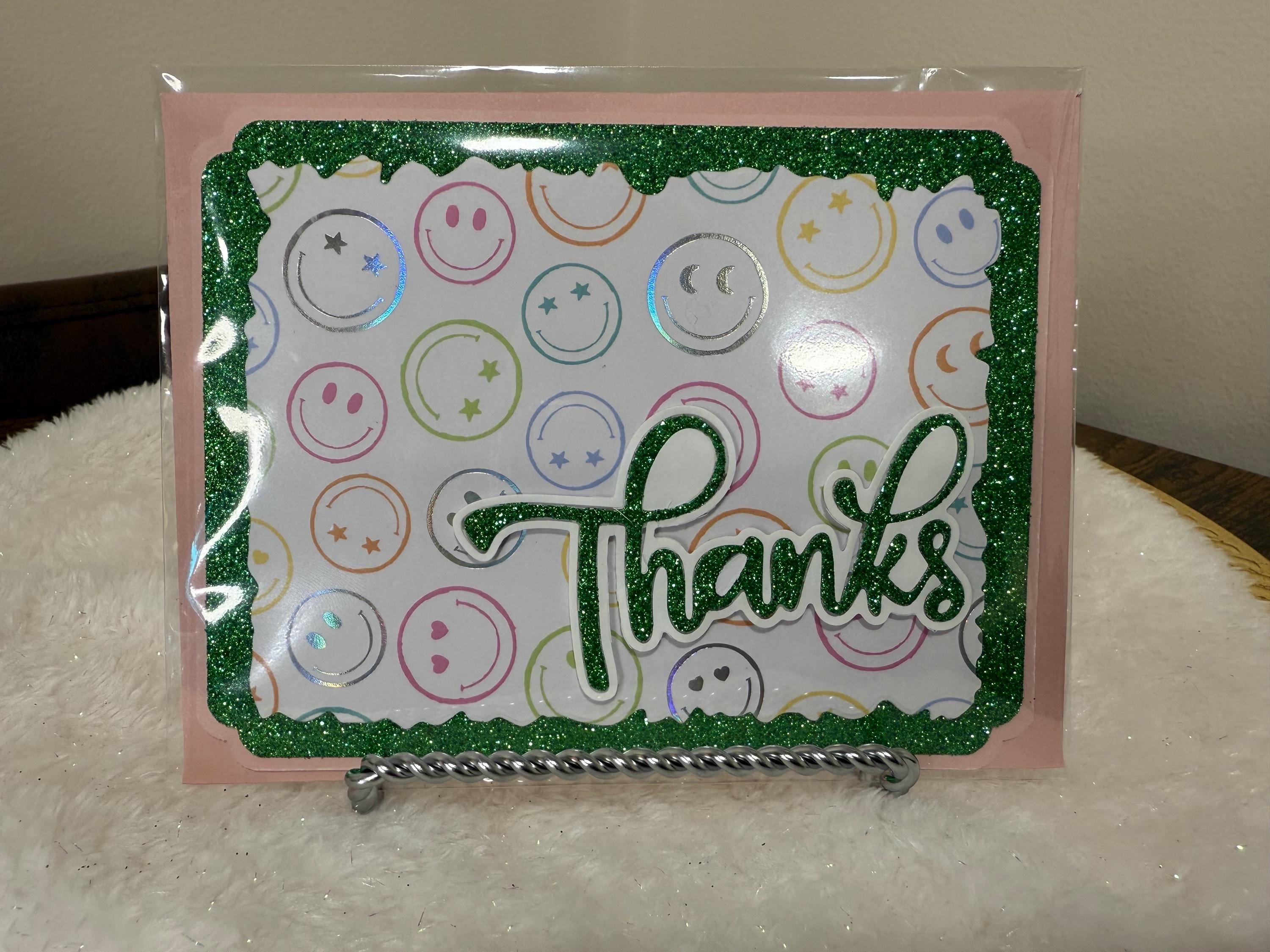 Handmade Green Glitter Thank You Card | Smiley Face Greeting Card
