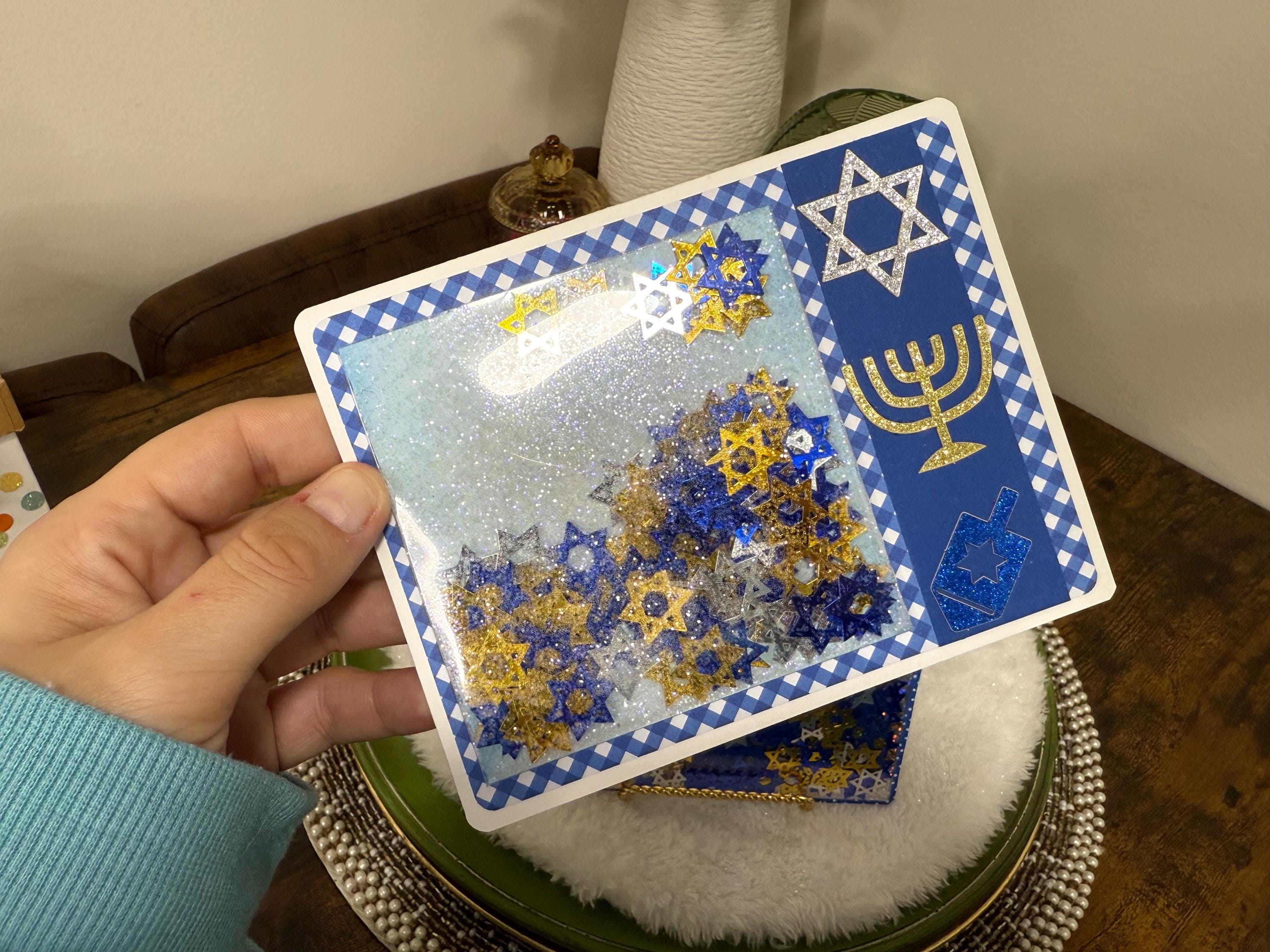 Handmade Hanukkah Shaker Card, Star of David Confetti, Blue Gingham Greeting, Glitter Menorah Dreidel