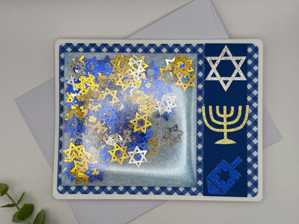 Handmade Hanukkah Shaker Card, Star of David Confetti, Blue Gingham Greeting, Glitter Menorah Dreidel