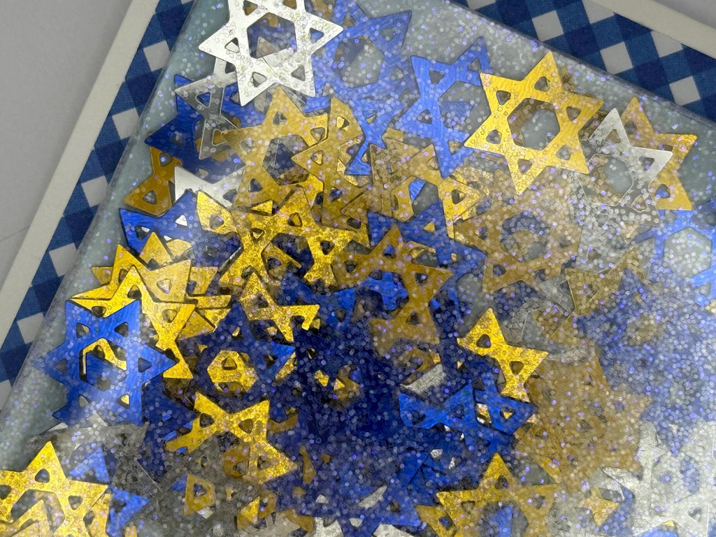 Handmade Hanukkah Shaker Card, Star of David Confetti, Blue Gingham Greeting, Glitter Menorah Dreidel