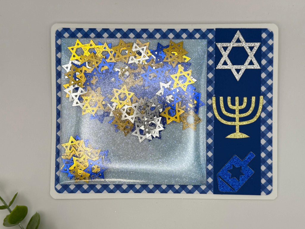 Handmade Hanukkah Shaker Card, Star of David Confetti, Blue Gingham Greeting, Glitter Menorah Dreidel