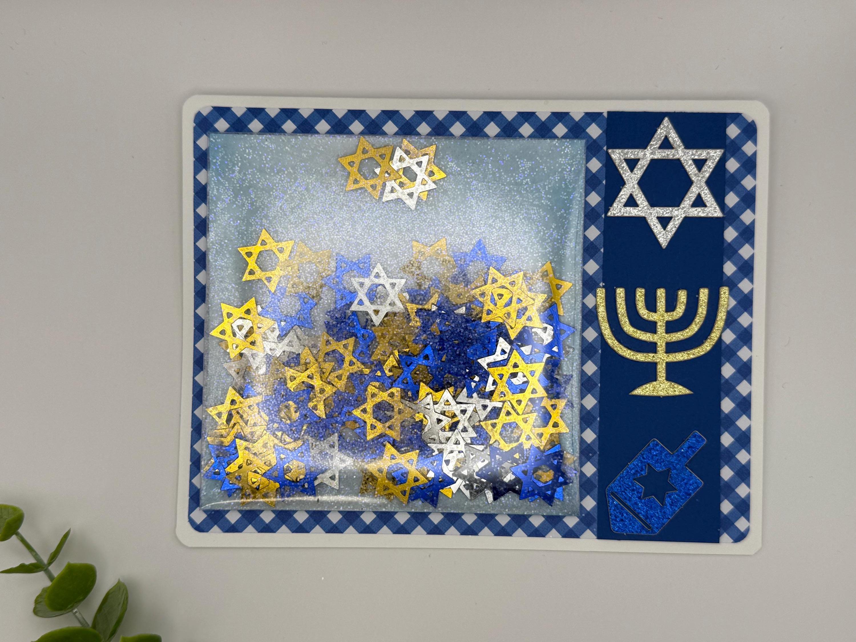 Handmade Hanukkah Shaker Card, Star of David Confetti, Blue Gingham Greeting, Glitter Menorah Dreidel