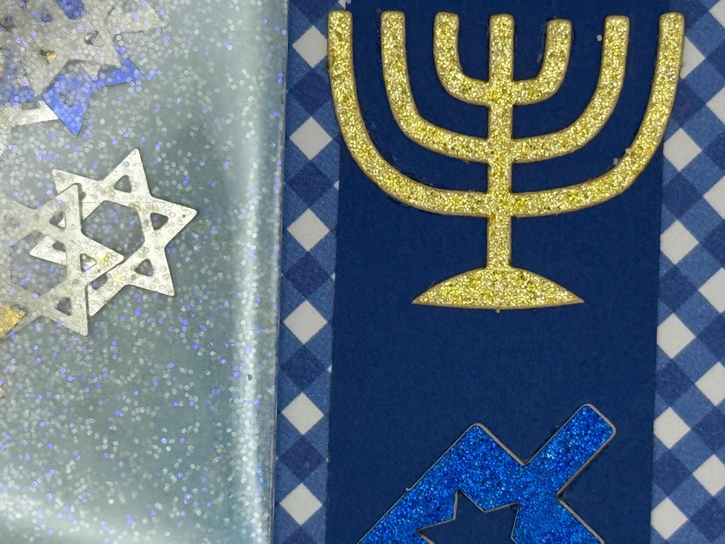 Handmade Hanukkah Shaker Card, Star of David Confetti, Blue Gingham Greeting, Glitter Menorah Dreidel