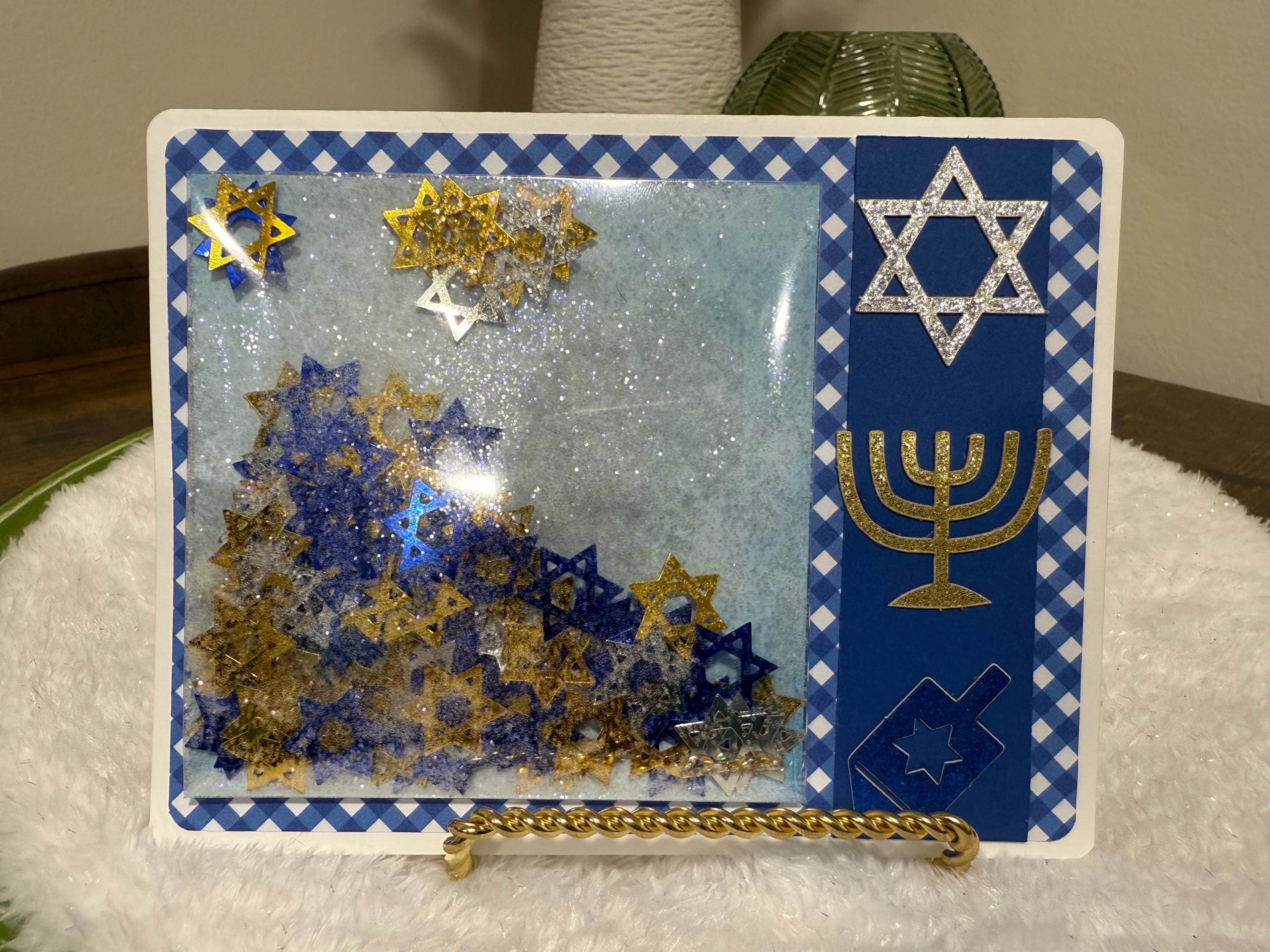 Handmade Hanukkah Shaker Card, Star of David Confetti, Blue Gingham Greeting, Glitter Menorah Dreidel