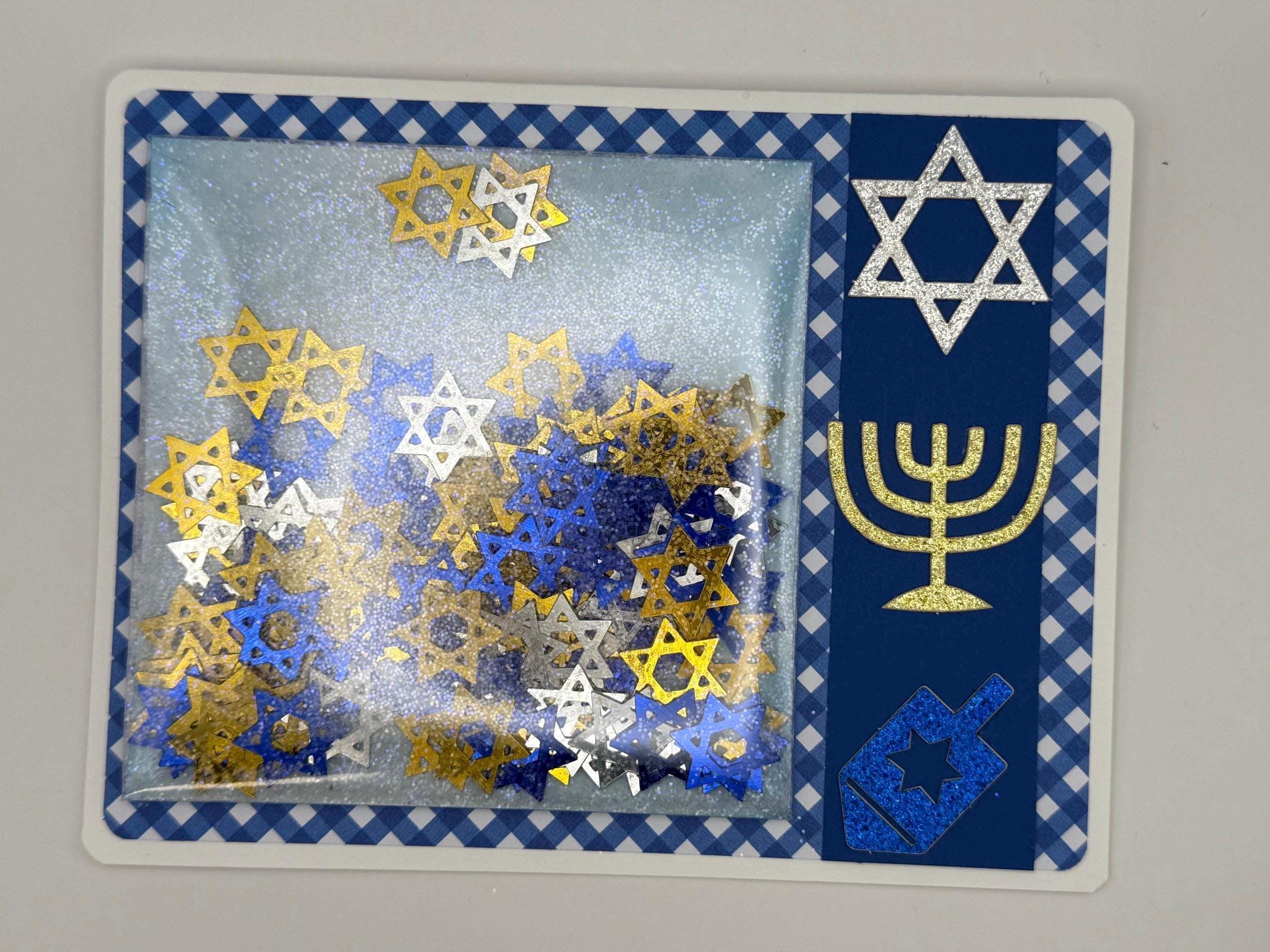 Handmade Hanukkah Shaker Card, Star of David Confetti, Blue Gingham Greeting, Glitter Menorah Dreidel