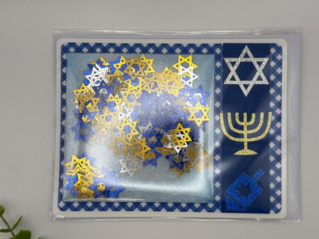 Handmade Hanukkah Shaker Card, Star of David Confetti, Blue Gingham Greeting, Glitter Menorah Dreidel