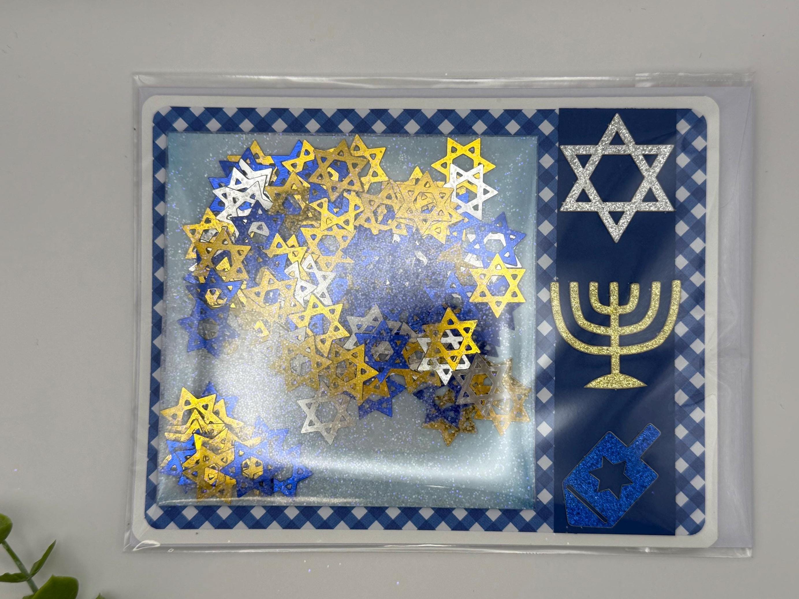 Handmade Hanukkah Shaker Card, Star of David Confetti, Blue Gingham Greeting, Glitter Menorah Dreidel