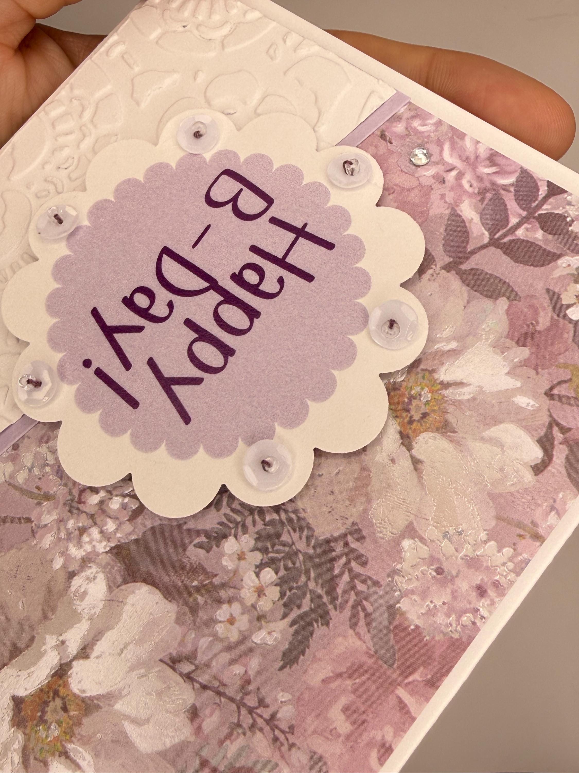 Hand-Stitched Floral Birthday Card – Shabby Chic Purple Lavender Stationery