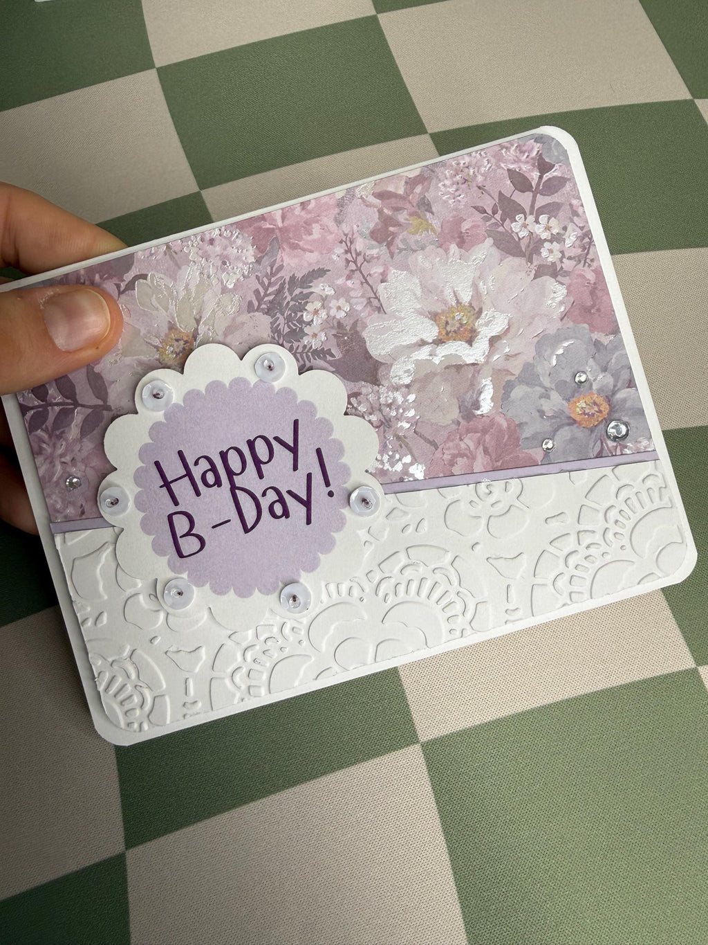 Hand-Stitched Floral Birthday Card – Shabby Chic Purple Lavender Stationery