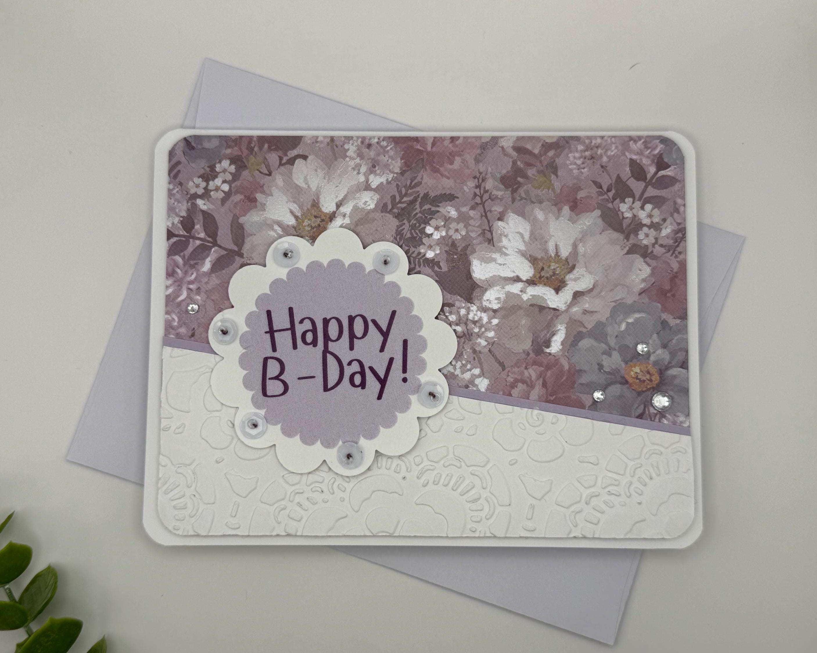 Hand-Stitched Floral Birthday Card – Shabby Chic Purple Lavender Stationery