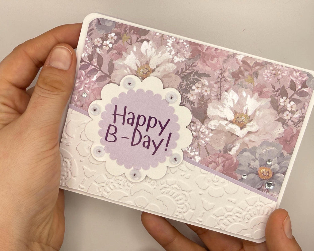 Hand-Stitched Floral Birthday Card – Shabby Chic Purple Lavender Stationery