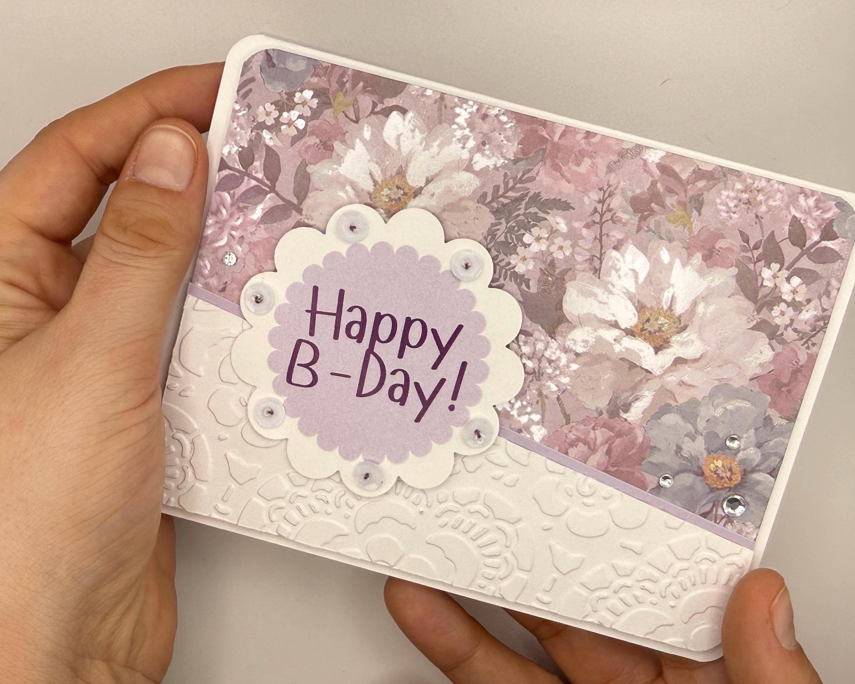 Hand-Stitched Floral Birthday Card – Shabby Chic Purple Lavender Stationery