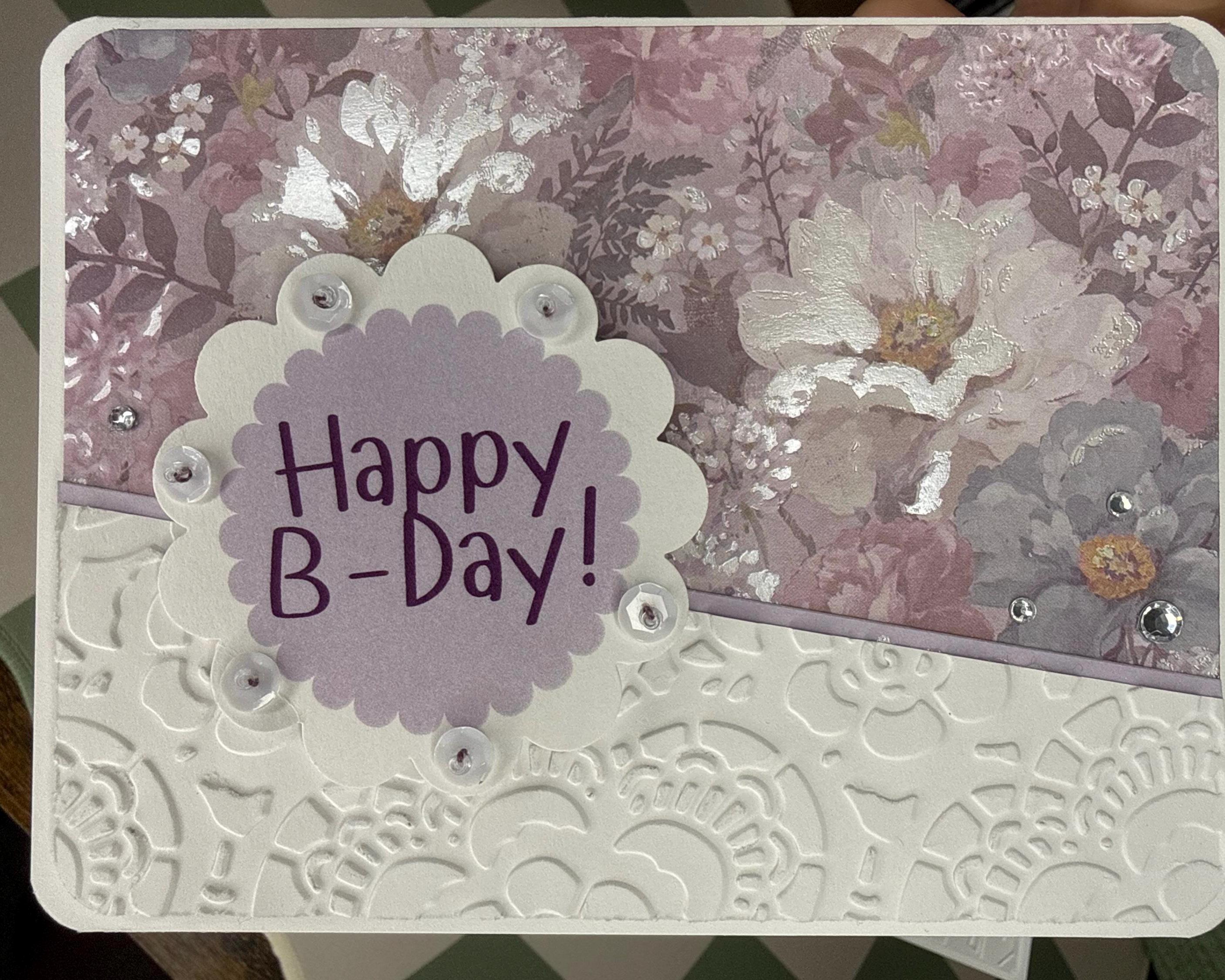Hand-Stitched Floral Birthday Card – Shabby Chic Purple Lavender Stationery