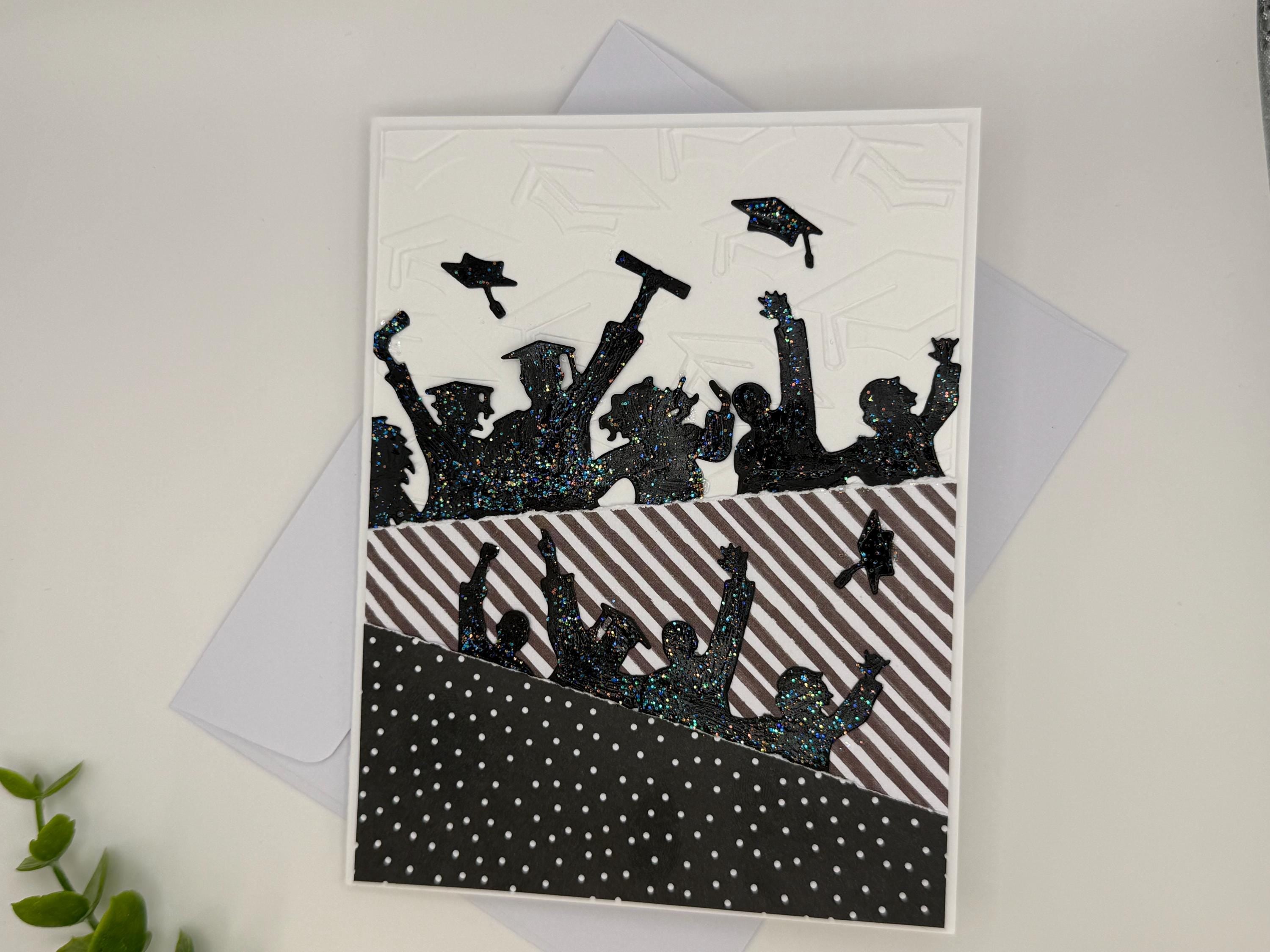 Handmade Graduation Card – Black Glitter Silhouettes, Embossed Cap Texture