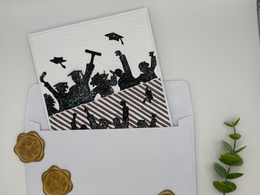 Handmade Graduation Card – Black Glitter Silhouettes, Embossed Cap Texture