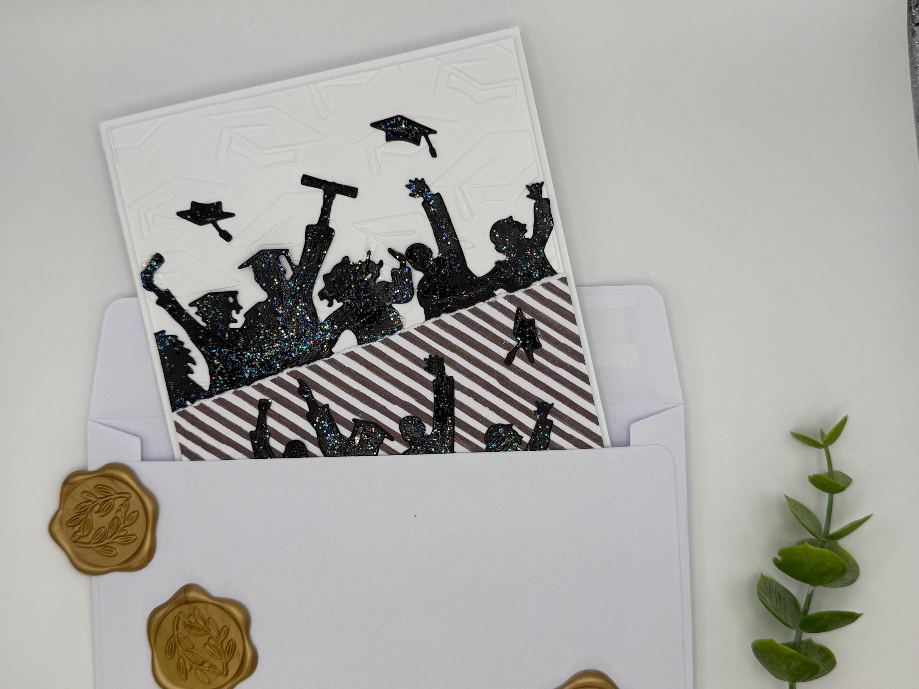 Handmade Graduation Card – Black Glitter Silhouettes, Embossed Cap Texture