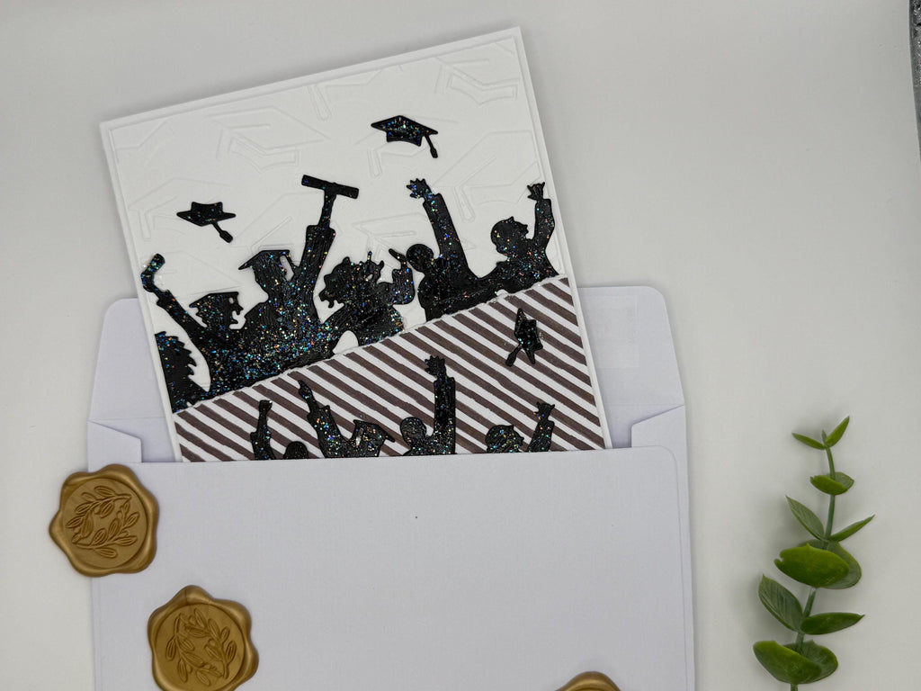 Handmade Graduation Card – Black Glitter Silhouettes, Embossed Cap Texture